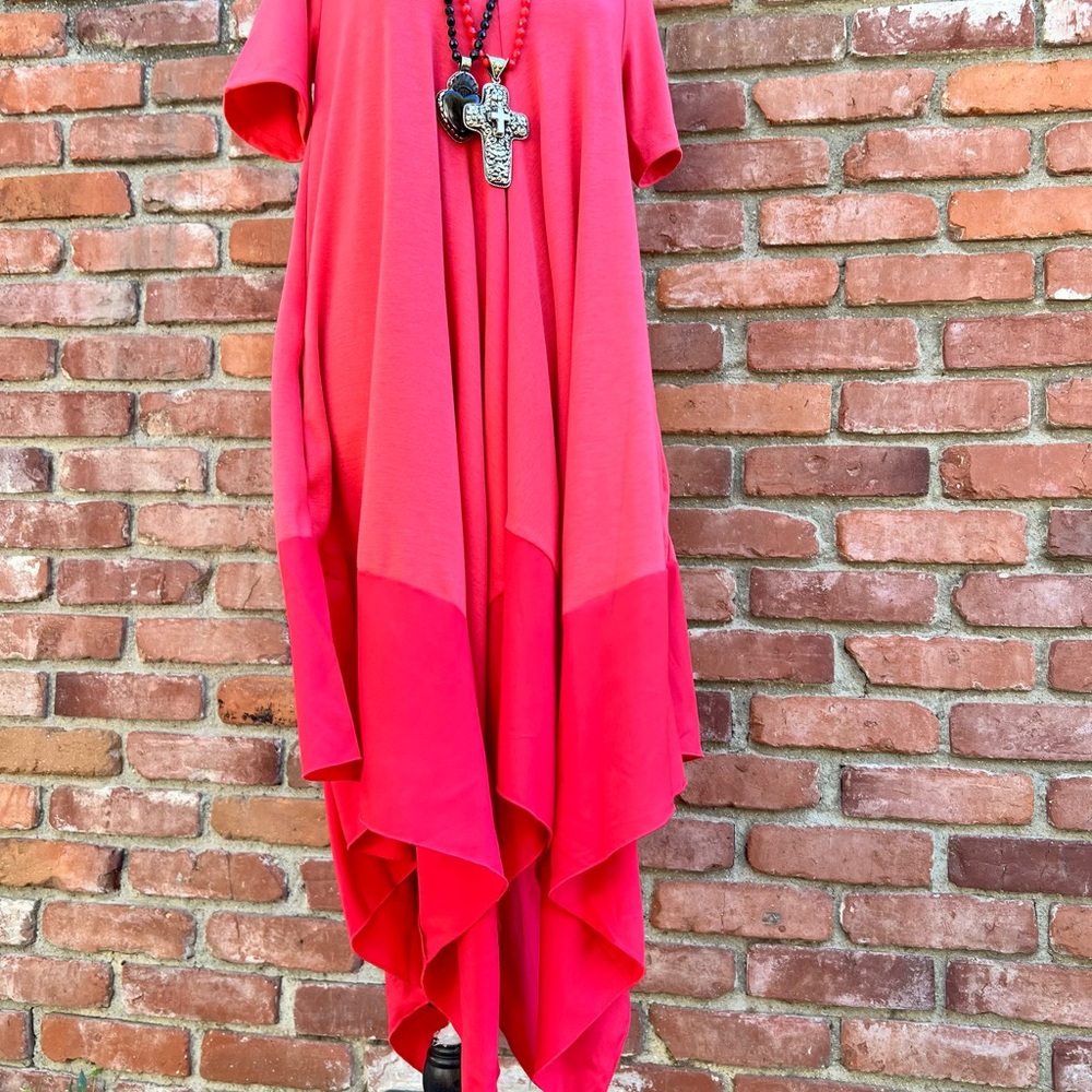 Effortless Women's Coral Red Tone Handkerchief Hem Dress NWOT - Picture 5 of 7